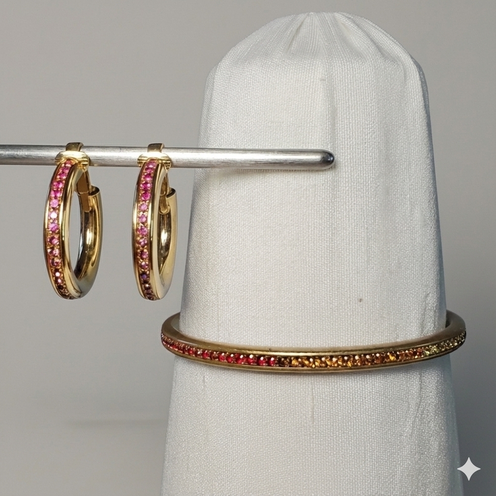 Bracelet & Earrings Set NEW Gold Plated Vintage Rainbow Glass Rhinestone Clip-On - Picture 3 of 11